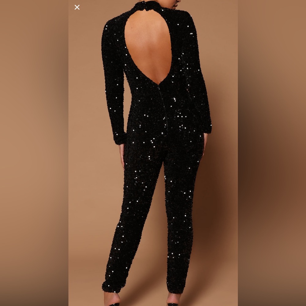 Fashion Nova Black Long Sleeve Sequin Jumpsuit with Open Back